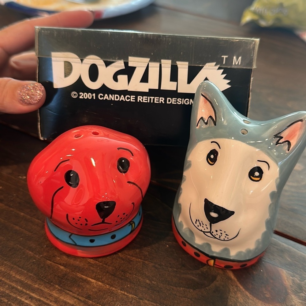 Candace Reiter Dogzilla Salt Pepper Shaker Set, Whimsical Ceramic Dogs